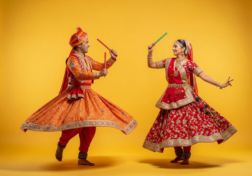 A couple dressed in traditional garba attire in orange and red dance gracefully against a bright yellow backdrop, holding colorful dandiya sticks in their hands.