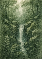 A moody ink and watercolor illustration of a hidden jungle waterfall cascading through rocks amid dense ferns and misty tropical foliage.