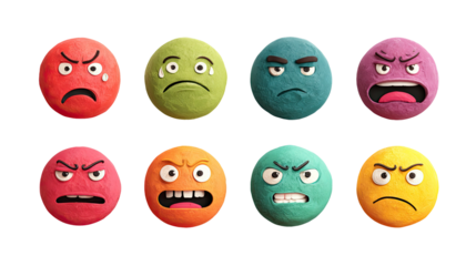Set colorful round 3D happy, smile, angry and sad emoji faces on transparent background, made in clay style. Expressive icons perfect for emotional reactions, stickers, or social media content