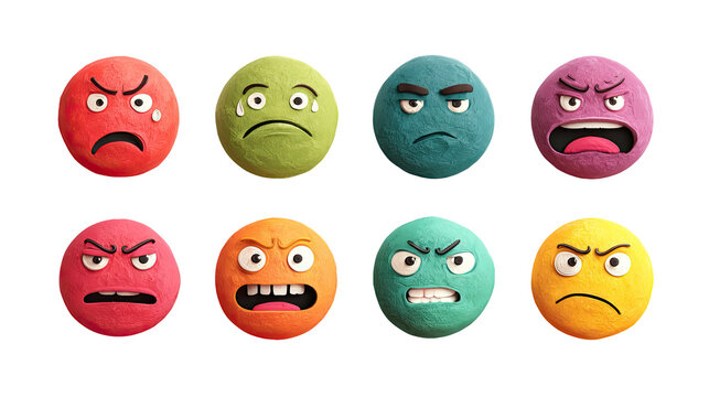 Set colorful round 3D happy, smile, angry and sad emoji faces on transparent background, made in clay style. Expressive icons perfect for emotional reactions, stickers, or social media content