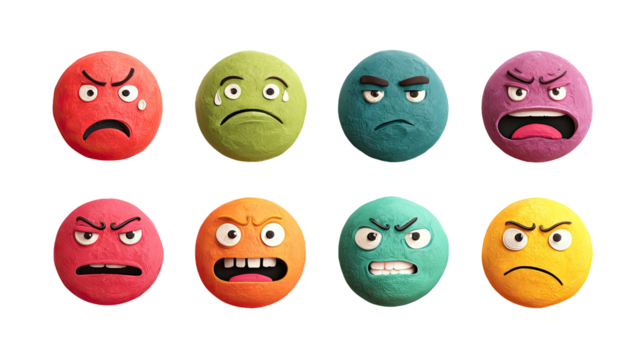 Set colorful round 3D happy, smile, angry and sad emoji faces on transparent background, made in clay style. Expressive icons perfect for emotional reactions, stickers, or social media content - Powered by Adobe