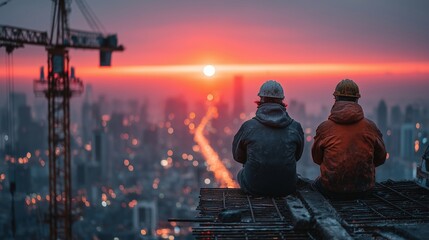 Construction Workers Sitting on Building Rooftop Watching Sunset Over Urban Skyline and City Lights Below
