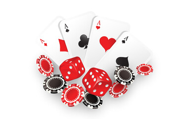 Falling aces and casino chips on white background. Playing cards, red and black money chips. Gambling Poker and card games.