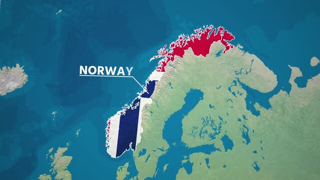 Zoom from Earth to Norway. (Country Flag) World map animation with highlighted country borders. Cinematic 3d world map animation highlights aerial views, tourism, and travel. 4k