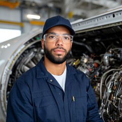 Sustainable aviation fuel concept Skilled technician working on aircraft machinery in a well-lit workshop.
