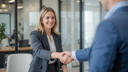Fototapeta premium A smiling businesswoman shaking hands with a businessman in a modern office environment