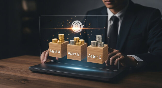 Man analyzing diverse asset growth with digital financial data visualization