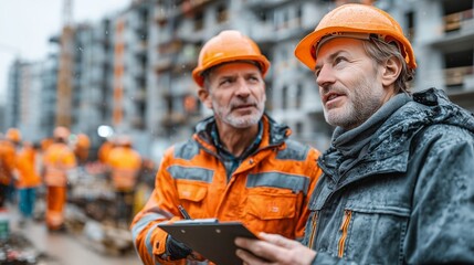 Construction Site Supervisors Discussing Project Progress While Workers Operate in the Background on Winter Day
