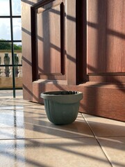 A small plastic flower pot placed on tiled floor near a wooden door, freshly sown with flower...