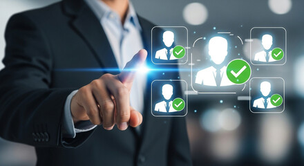 Professional selects ideal candidate from digital network with glowing success indicators