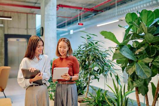 Two businesswomen smiling and using digital tablet and laptop, collaborating on a project in modern office with many plants