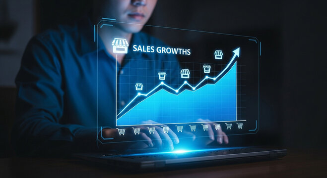 Dynamic sales growth chart visualized with shopping carts and store icons