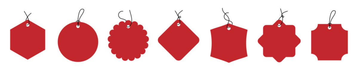 Set of red blank price tags in various shapes with strings, hanging labels.  for sale, discount, gift tag, branding template, packaging, promotion