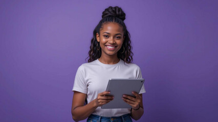 A smiling young woman holding a tablet device against a solid purple colored background studio shot