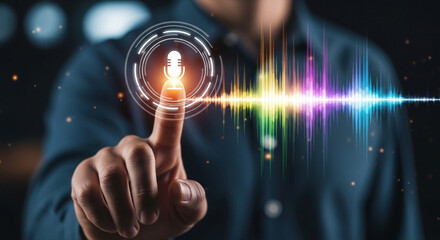 Dynamic sound wave visualized by finger touching futuristic microphone interface