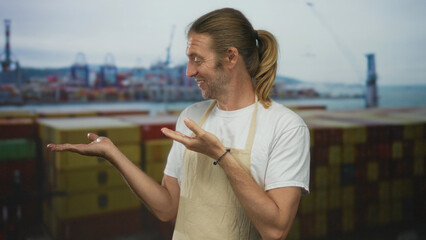 Man presenting cargo containers with open palms at port docks under overcast sky and near stacked...