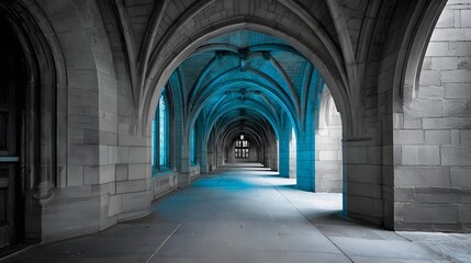 Obraz premium A long, stone corridor with arched, light-blue-toned ceilings.