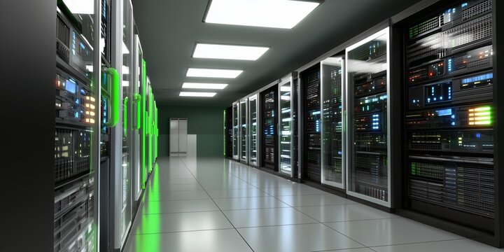 A secure server room, with rows of blinking lights and cables