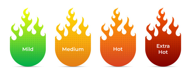 Different heat levels for spicy food represented by colorful flame icons. Vector illustration