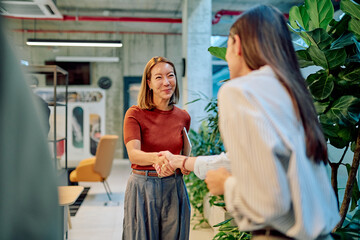 Two happy businesswomen shaking hands in modern office after reaching successful agreement, concept of cooperation and partnership