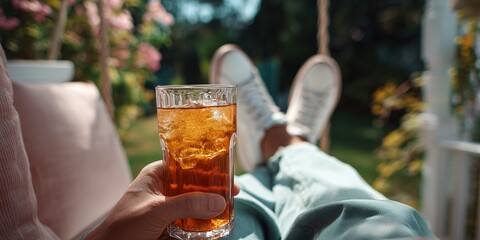 A person enjoying a glass of iced tea on a porch swing on a hot summer day
