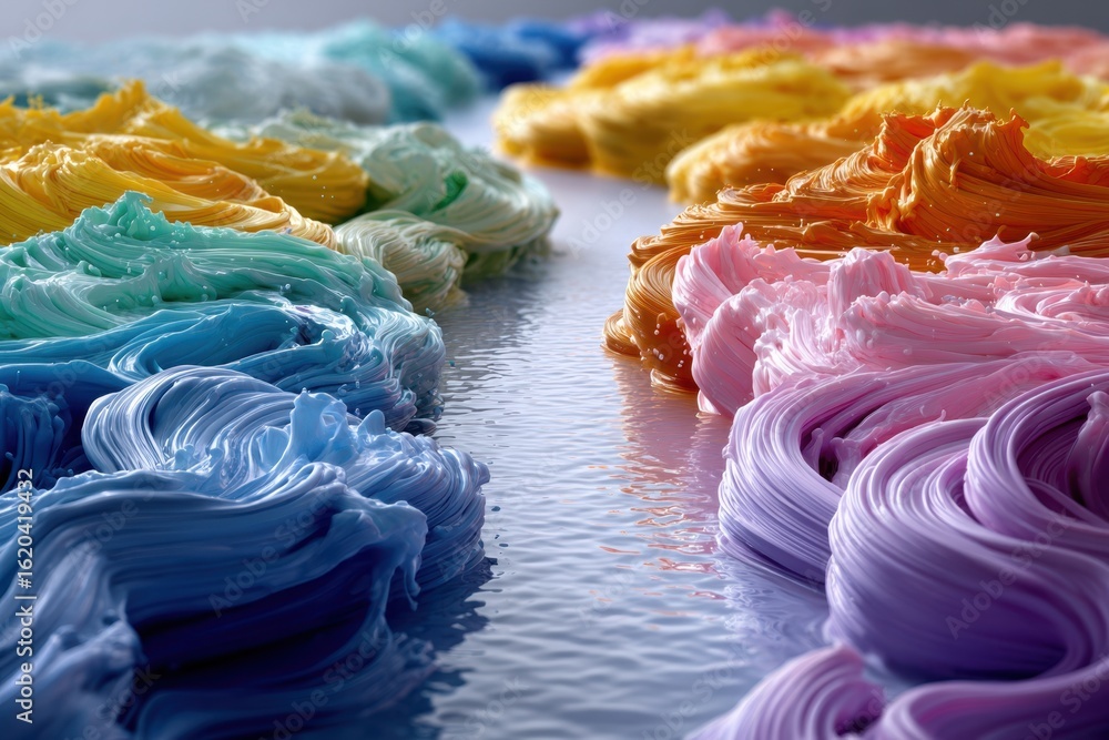 Poster vibrant hues of paint create a colorful blend in an artistic display on a smooth surface