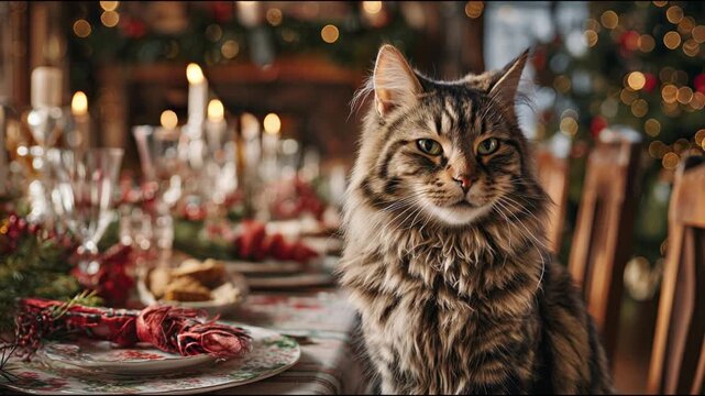 cat sitting at a table that is beautifully set for Christmas dinner celebration.