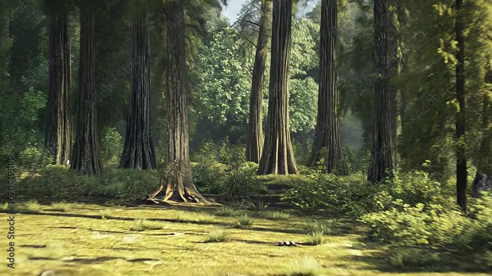 Poster sunlight filtering through redwood forest canopy creating magical atmosphere