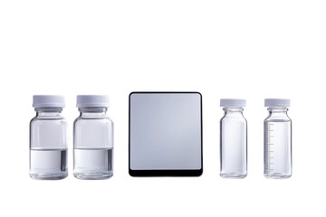 Scientific Essentials: A collection of laboratory vials filled with clear liquid, alongside a sleek, minimalist digital device. Emphasizing purity and the essence of medical and scientific discovery.