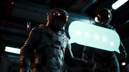 Two Astronauts in White Spacesuits Chatting with Glowing Light Blue Message Bubble in Dark Futuristic Corridor - Powered by Adobe