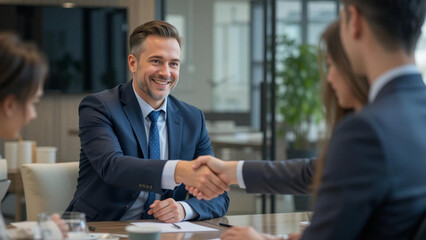 A smiling businessman in a suit shaking hands with a colleague during a meeting at a table
