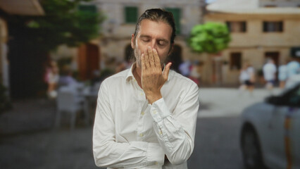 Man with long blond hair wearing white shirt holds hand to lips for silence in a sunlit street;...