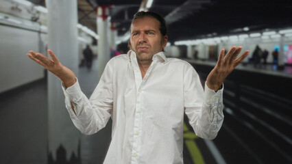 Man with long blond hair in white shirt raising hands on underground subway platform; confusion and...