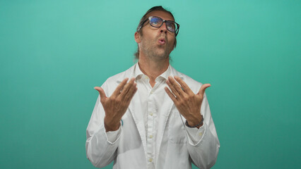 Man doctor with stethoscope and glasses raises palms in teal studio, his long blond hair pulled...
