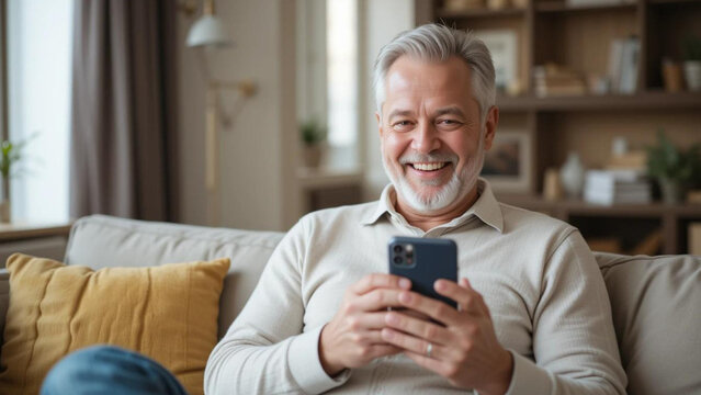 A smiling senior man with gray hair using a smartphone while sitting on a beige couch at home