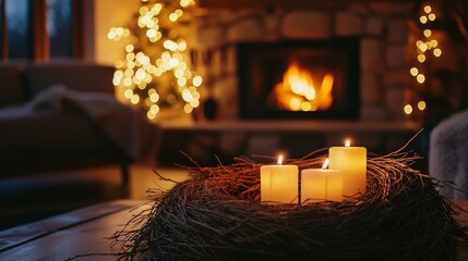 A Cozy and Inviting Ambient Fireplace Decorated with Candles and Sparkling Holiday Lights for Comfort
