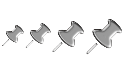 Four Chrome Push Pins on Transparent Background – High-Quality Clipart for Office Supplies, School Projects, Bulletins, Stationery, and Design Use