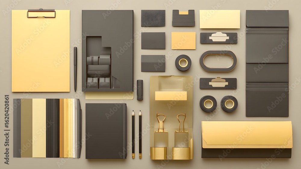 Poster assorted stationery items arranged in a flat lay composition.