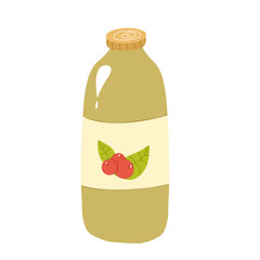 Glass bottle filled with cherry juice and decorated with fresh cherries. Perfect for beverage packaging, fruit product designs, and food branding.