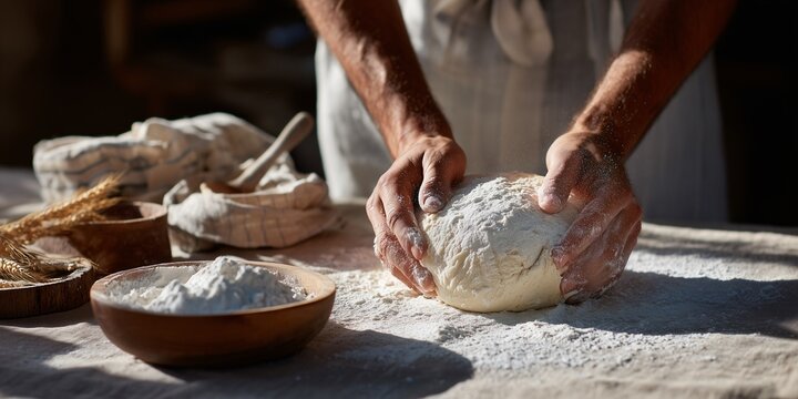 A close-up of a person's hands kneading dough in a rustic kitchen