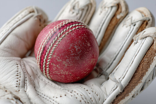 Close-up of white cricket glove with red ball imprint on palm, dirt and wear visible, 