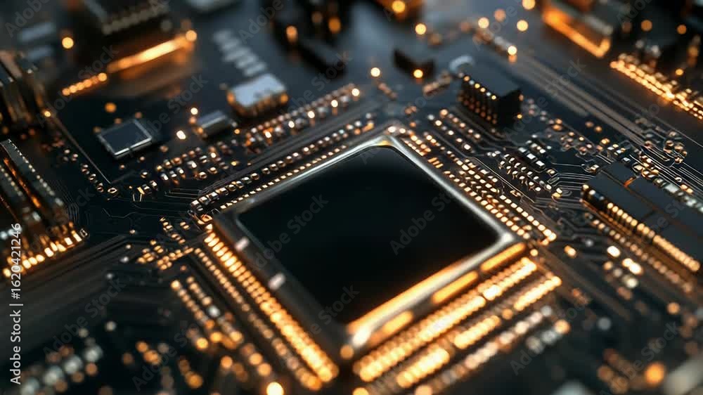 Poster cpu processing data on motherboard with integrated circuit and golden connections