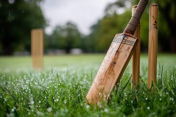 Detail shot of cricket bat leaning on stumps, morning dew on grass, shallow DOF, 