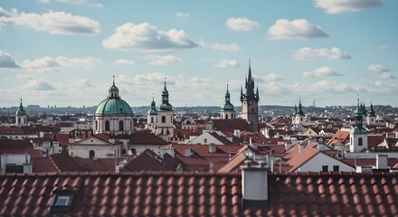 Fototapeta premium Prague panorama presents iconic architecture. Cityscape showcases red rooftops, spires under cloudy sky. Suitable for travel, tourism, editorial use.