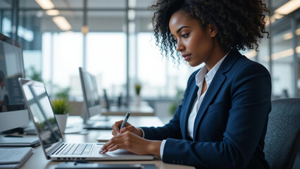 A woman with curly hair working on a laptop in an office wearing a blue suit jacket today