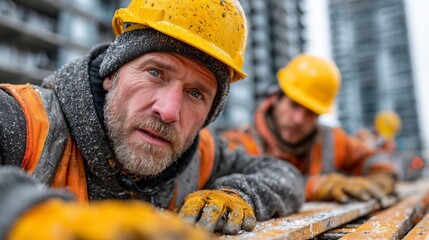 Construction Workers in Winter Conditions Wearing Protective Gear While Working Outdoors at Urban Building Site
