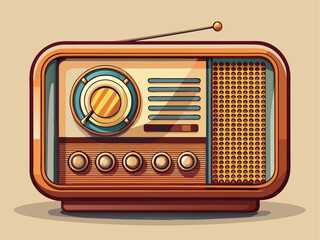 A vintage radio with knobs and wooden frame, placed on solid cream background for retro aesthetics