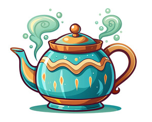 A ceramic teapot with steam rising, centered on white background, cozy tea moment for kitchen design