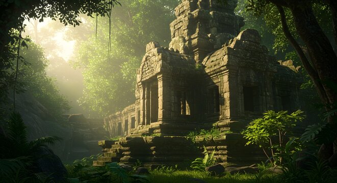 Ancient temple stands amidst jungle foliage. Sunlight filters through trees. Use for travel, history, archaeology. - Powered by Adobe