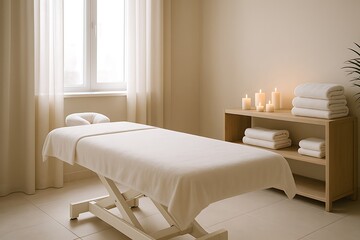 Relaxing massage therapy room with soothing decor and soft lighting for wellness treatment